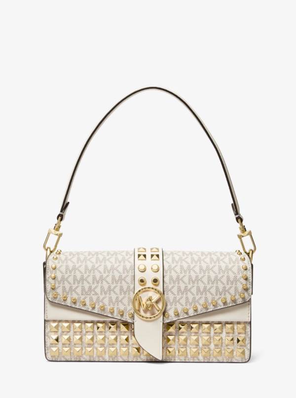 Damske Taška Cez Rameno Michael Kors Greenwich Medium Studded Logo Krém - Kabelky Michael Kors Sleva | ABLNQ-2374